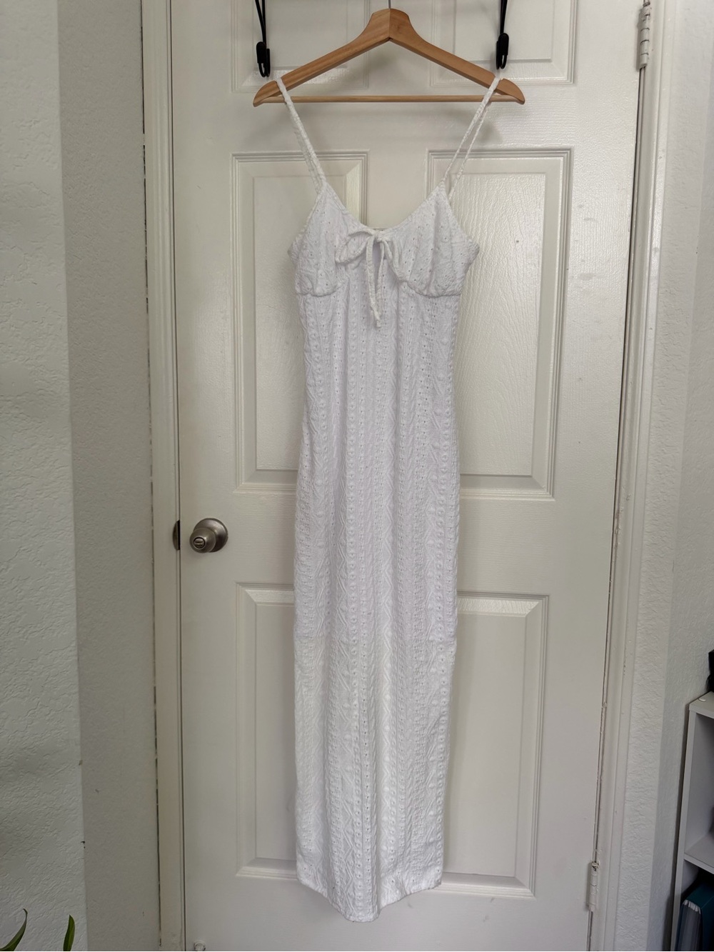 White Eyelet Spaghetti-Strap Maxi Dress with Front Tie